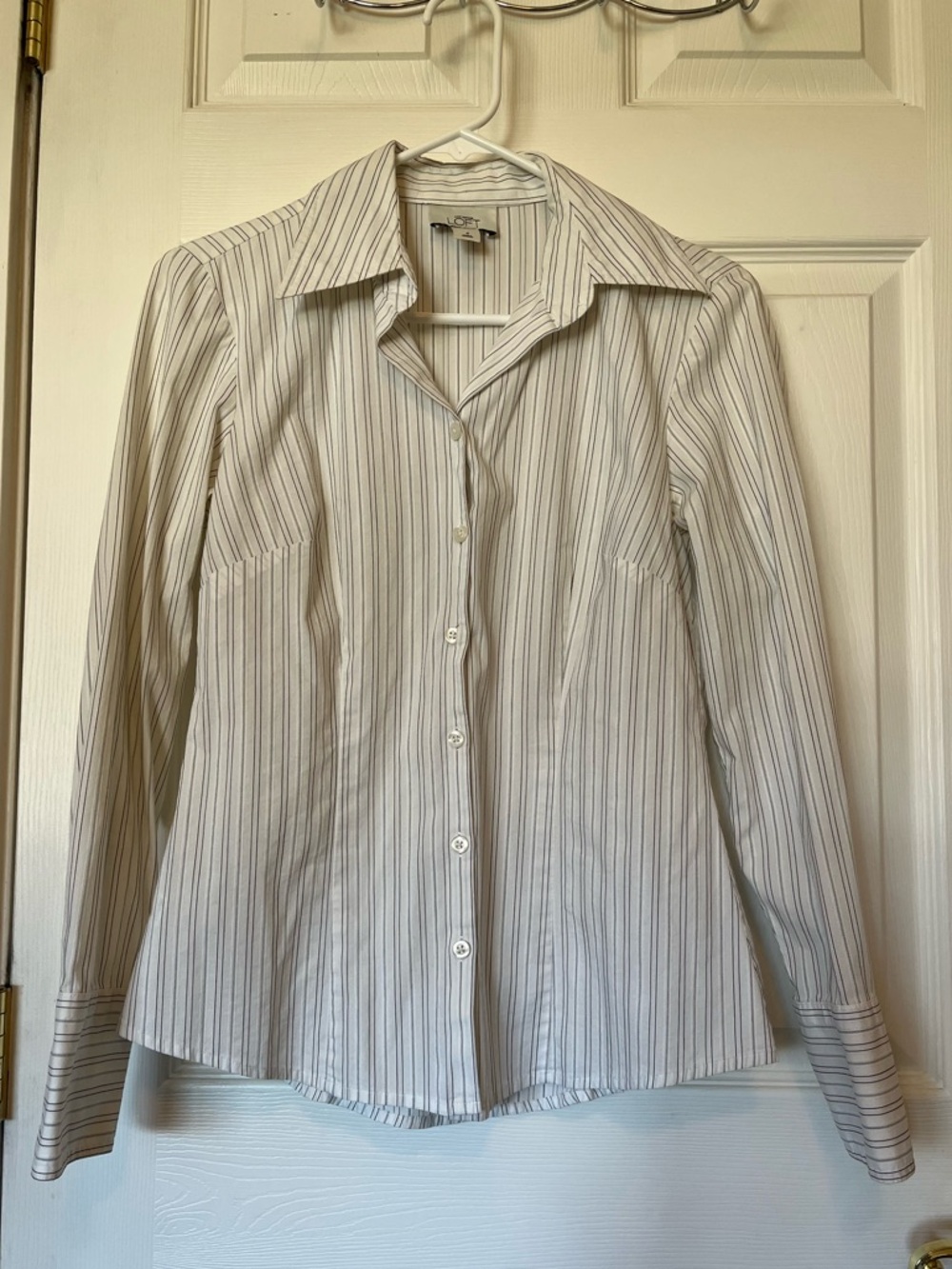 Ann Taylor LOFT White Button-Up Shirt with Black Pinstripes